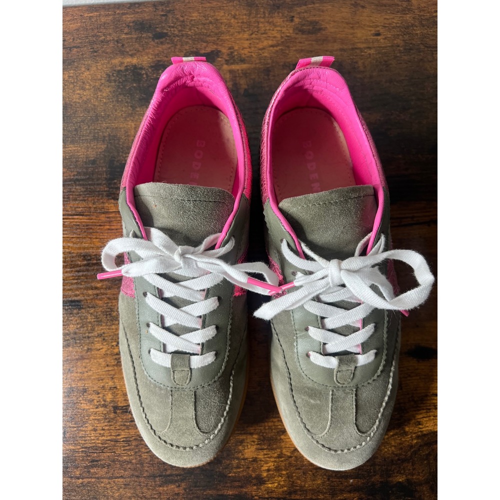 Boden Erin Retro Tennis Trainers Olive Green Suede Pink Metallic Sneakers EU 40 - Picture 2 of 8
